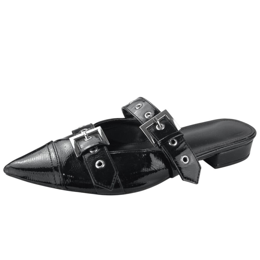 Shoe Dazzle Yasmeen Black Faux Patent Leather Buckle Strap Flats Mules Size 7.5
